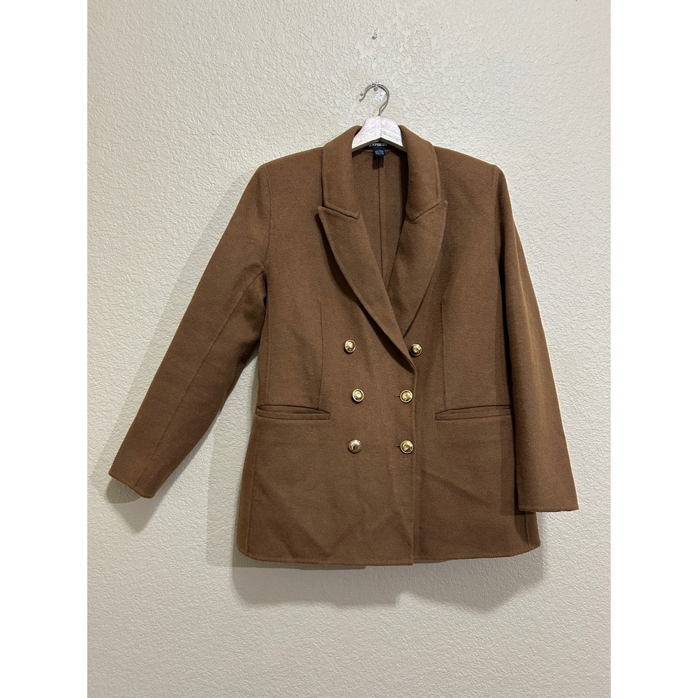 Express Large Double Breasted Wool Blend Blazer Brown Gold Button Dark Academia